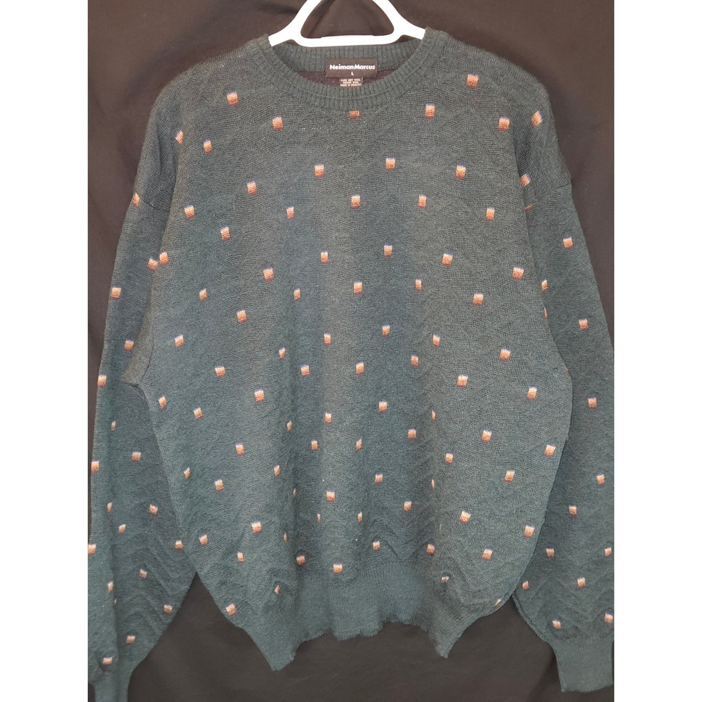 Neiman Marcus Mens Vintage Green Wool Sweater Dot Pattern Crew Neck Pullover L‎